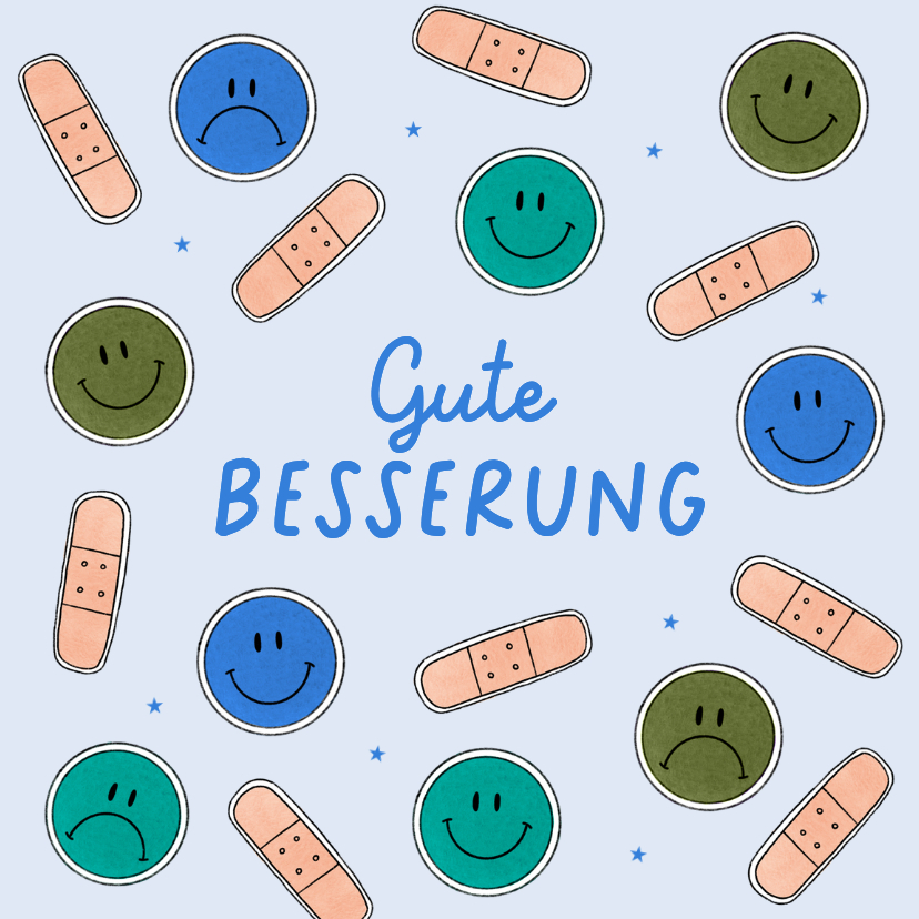 Gute Besserung - Gute Besserung Karte Pflaster und Smileys Blau