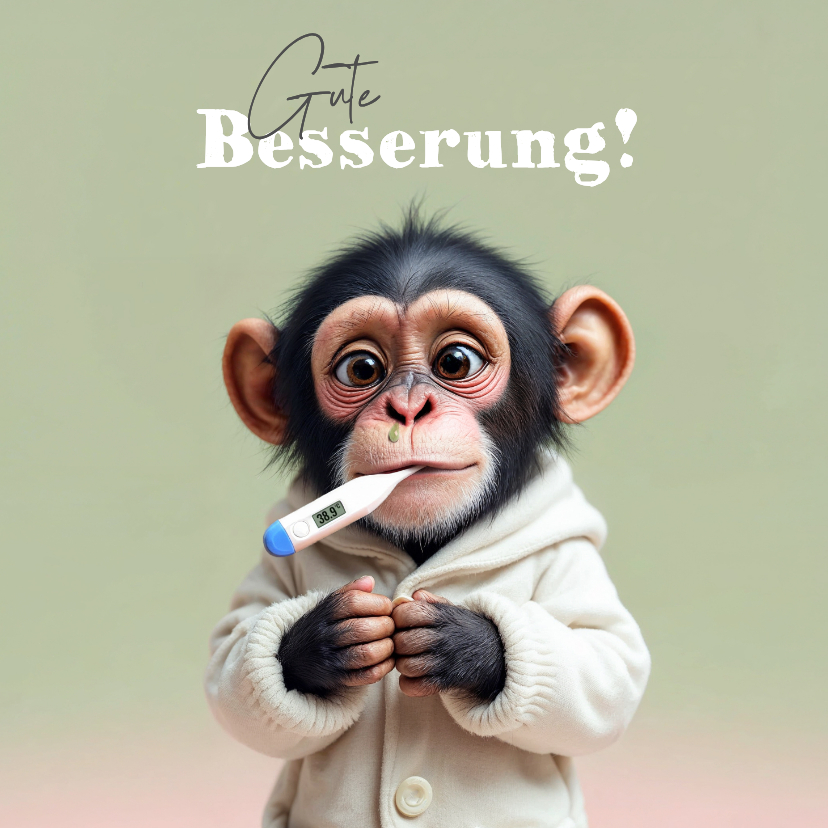 Gute-Besserung-Karte Schimpanse mit Grippe und Thermometer - Gute Besserung Gute Besserung - Gute-Besserung-Karte Schimpanse mit Grippe und Thermometer