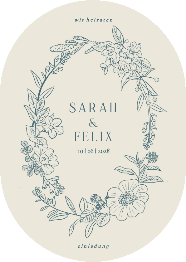 Hochzeitskarten - Bogenkarte Hochzeitseinladung Blumenkranz blau klasisch
