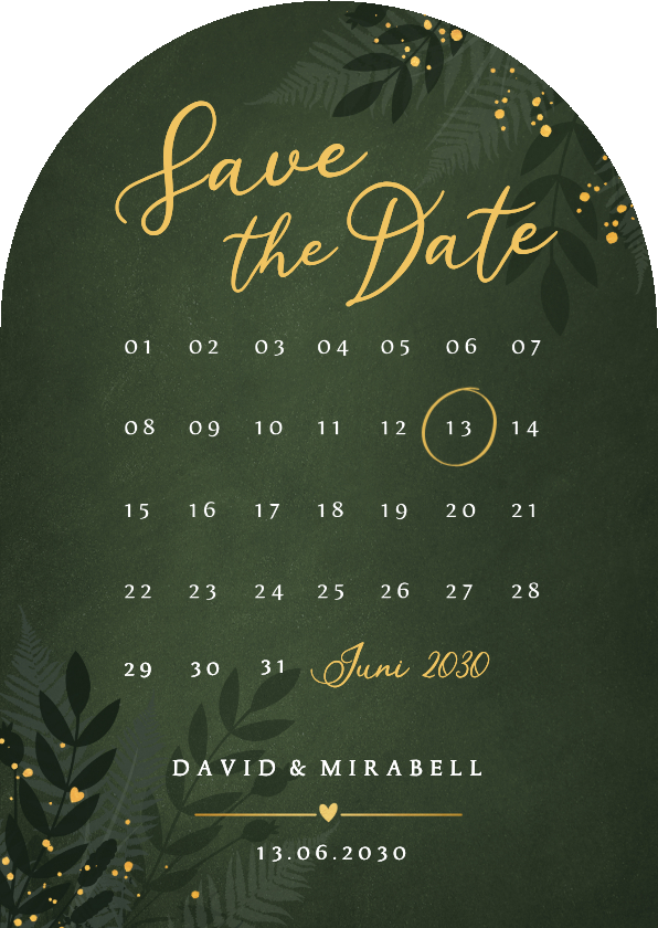Bogenkarte Save the Date Botanisch Goldkleckse dunkelgrün - Hochzeitskarten Hochzeitskarten - Bogenkarte Save the Date Botanisch Goldkleckse dunkelgrün