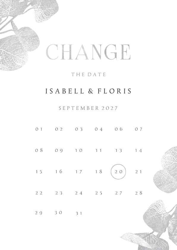 Hochzeitskarten - Change-the-Date-Karte Eukalyptus Silberlook