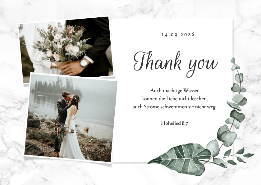 Dankeschönkarte Hochzeit Fotos, Marmor & Botanik - Hochzeitskarten Hochzeitskarten - Dankeschönkarte Hochzeit Fotos, Marmor & Botanik