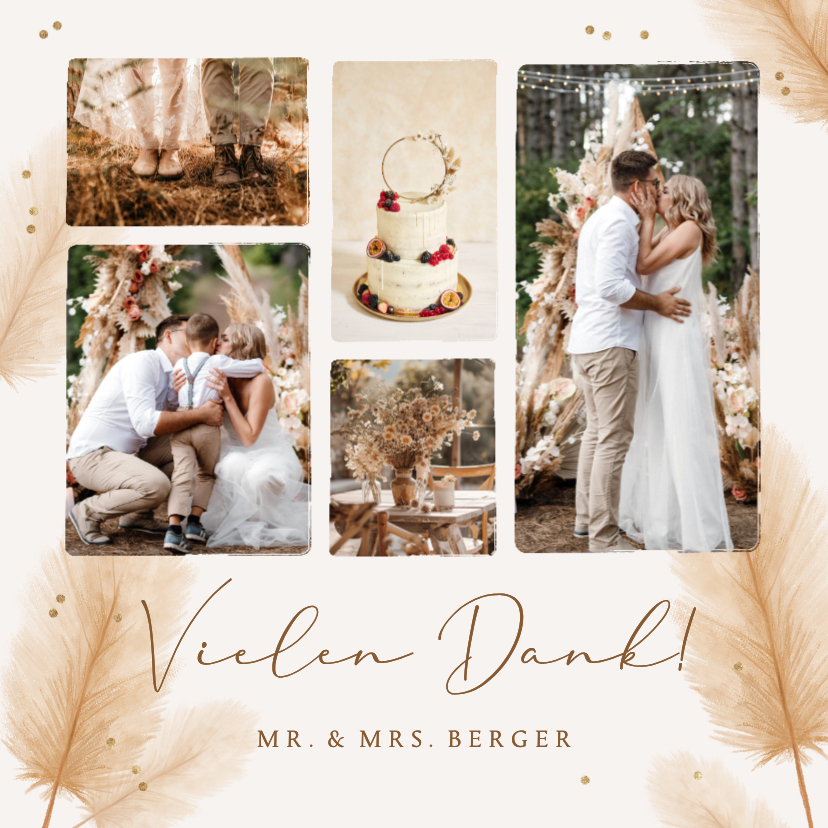Hochzeitskarten - Dankeskarte Boho-Hochzeit Pampasgras Fotocollage