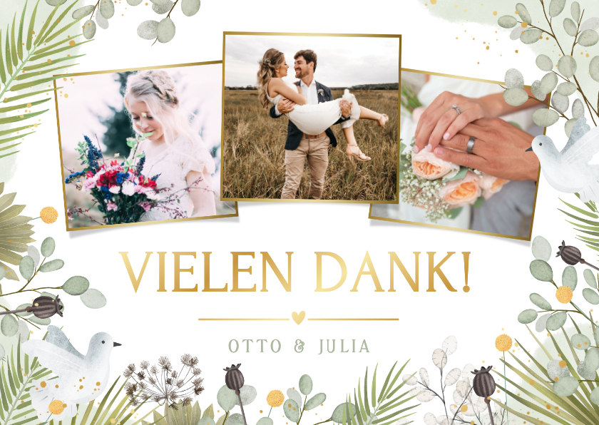 Hochzeitskarten - Dankeskarte Fotocollage Hochzeitstauben grüne Zweige