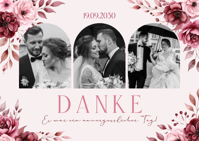 Dankeskarte Fotocollage Rosengesteck Hochzeit in Rosa - Hochzeitskarten Hochzeitskarten - Dankeskarte Fotocollage Rosengesteck Hochzeit in Rosa