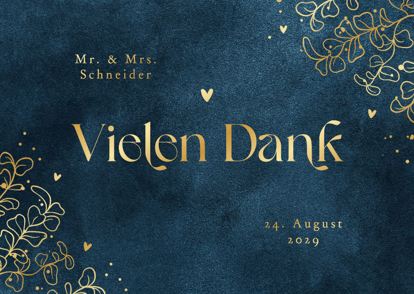 Hochzeitskarten - Dankeskarte Goldblätter & Herzen
