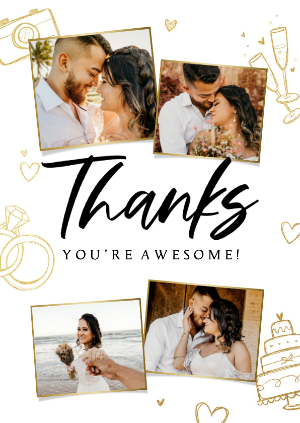 Dankeskarte Hochzeit Doodles & Fotocollage 'Thanks' - Hochzeitskarten Hochzeitskarten - Dankeskarte Hochzeit Doodles & Fotocollage 'Thanks'