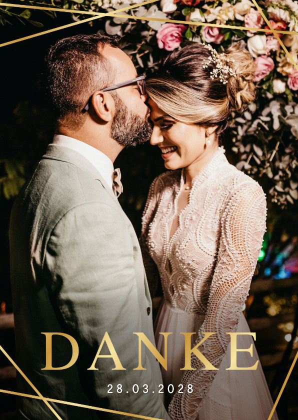 Hochzeitskarten - Dankeskarte Hochzeit Foto Linienspiel gold