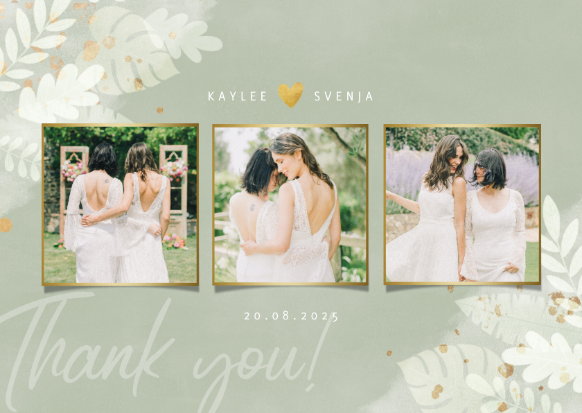 Hochzeitskarten - Dankeskarte Hochzeit Fotocollage botanisch Dschungelblätter