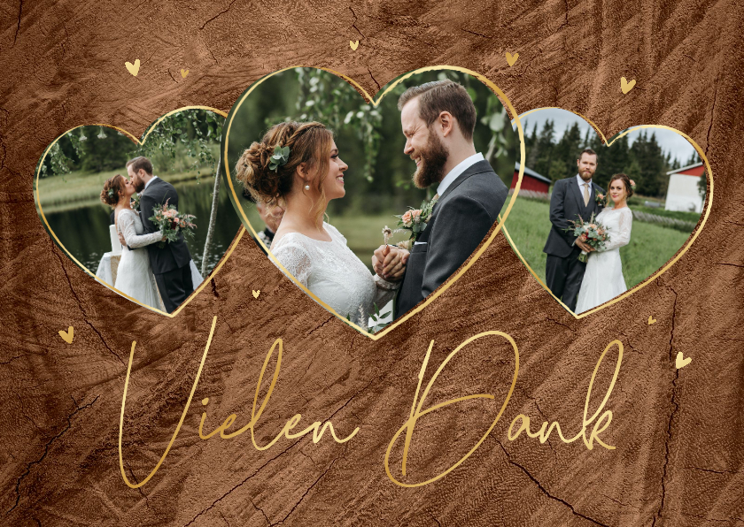 Hochzeitskarten - Dankeskarte Hochzeit Fotoherzen & Goldschrift auf Holz