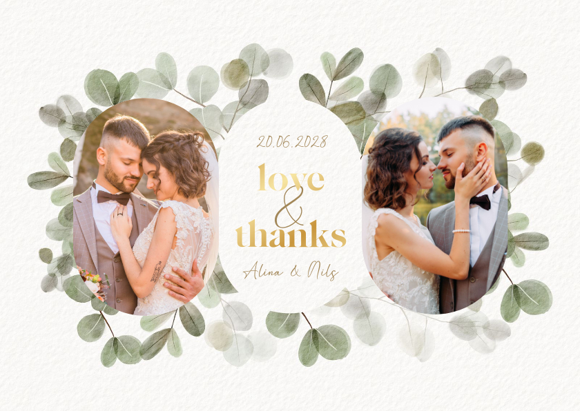 Hochzeitskarten - Dankeskarte Hochzeit Fotos, Gold & Eukalyptuskranz