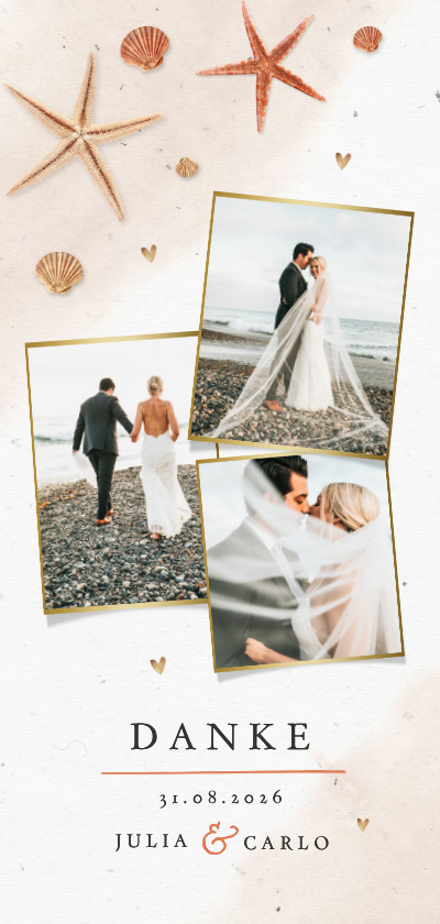 Dankeskarte Hochzeit mit eigenen Fotos, Seestern & Muscheln - Hochzeitskarten Hochzeitskarten - Dankeskarte Hochzeit mit eigenen Fotos, Seestern & Muscheln