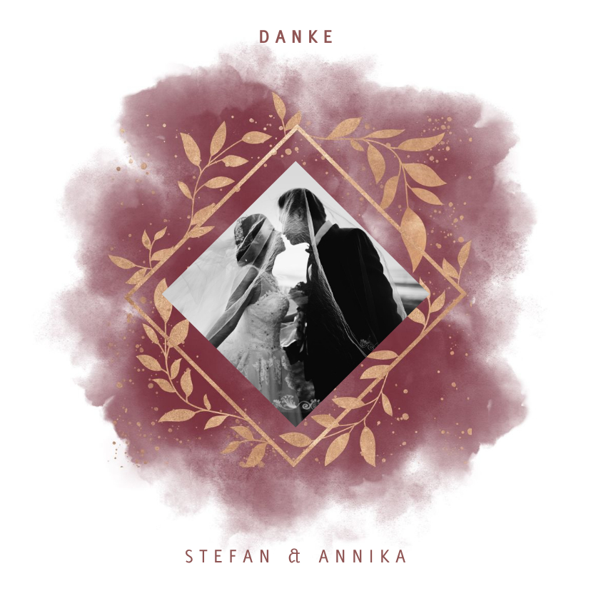 Hochzeitskarten - Dankeskarte Hochzeit mit Foto in rot mit goldenen Zweigen
