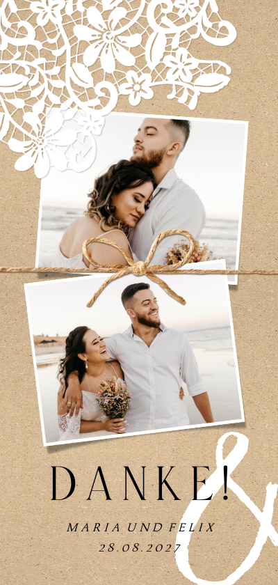 Hochzeitskarten - Dankeskarte Hochzeit Spitze romantisch Kraftpapierlook