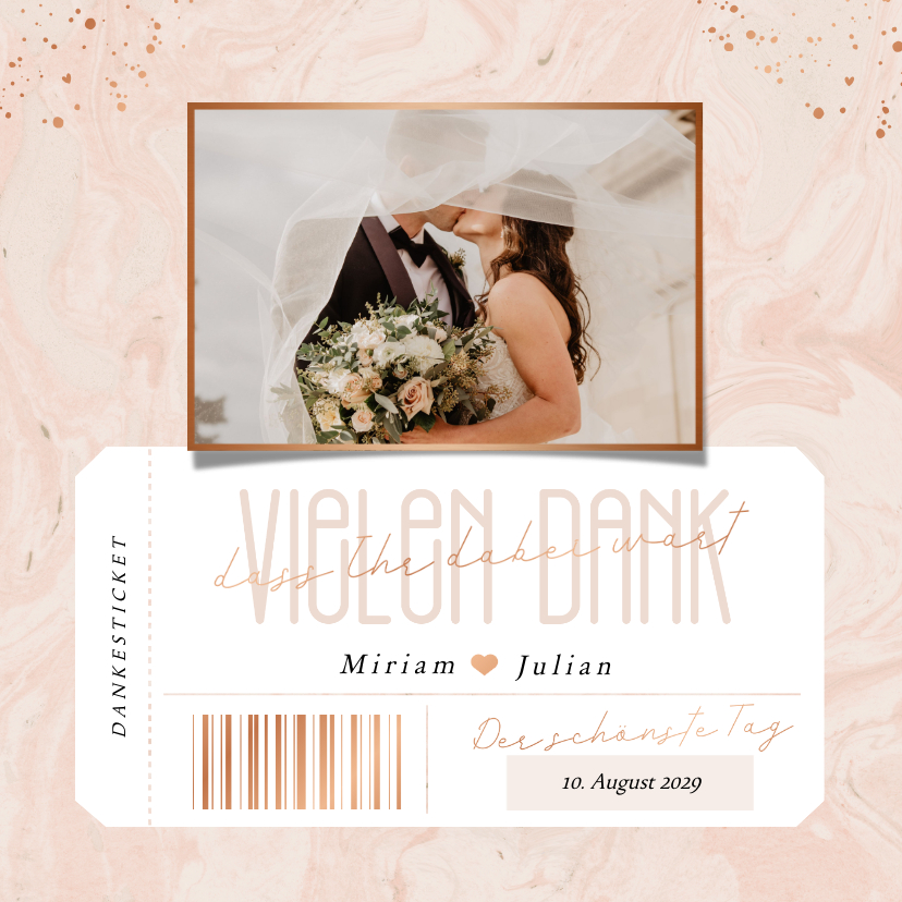 Hochzeitskarten - Dankeskarte Hochzeit Ticketformat Marmor-Optik