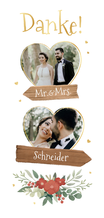 Hochzeitskarten - Dankeskarte Hochzeit Tracht, Herzfotos & Holzschilder