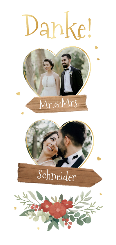 Dankeskarte Hochzeit Tracht, Herzfotos & Holzschilder - Hochzeitskarten Hochzeitskarten - Dankeskarte Hochzeit Tracht, Herzfotos & Holzschilder