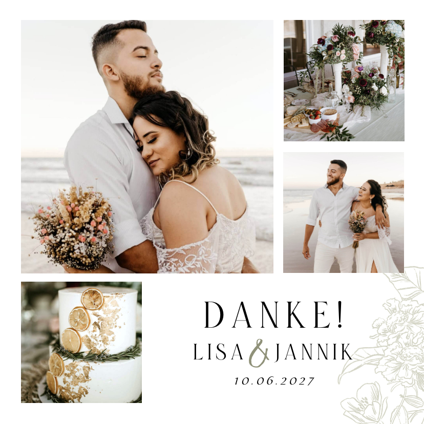 Hochzeitskarten - Dankeskarte Hochzeitsfeier Fotocollage Blumendekor