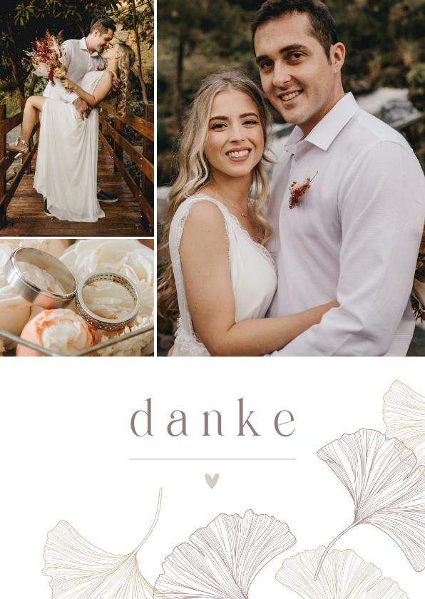 Hochzeitskarten - Dankeskarte Hochzeitsfotos Ginkgo pur & natürlich