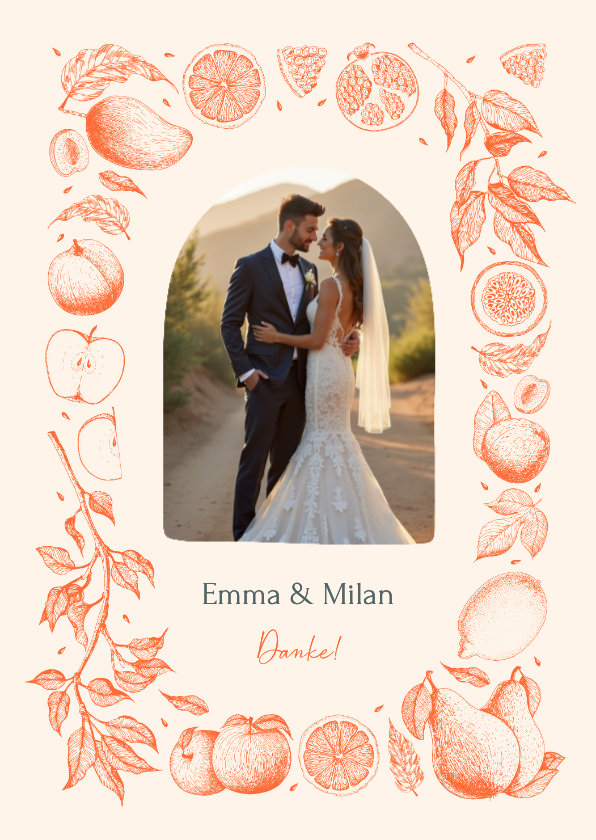Dankeskarte mit Foto Sommerhochzeit Früchte Linienzeichnung - Hochzeitskarten Hochzeitskarten - Dankeskarte mit Foto Sommerhochzeit Früchte Linienzeichnung