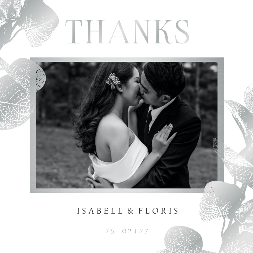 Hochzeitskarten - Dankeskarte 'Thanks' Foto und Eukalyptus Silber