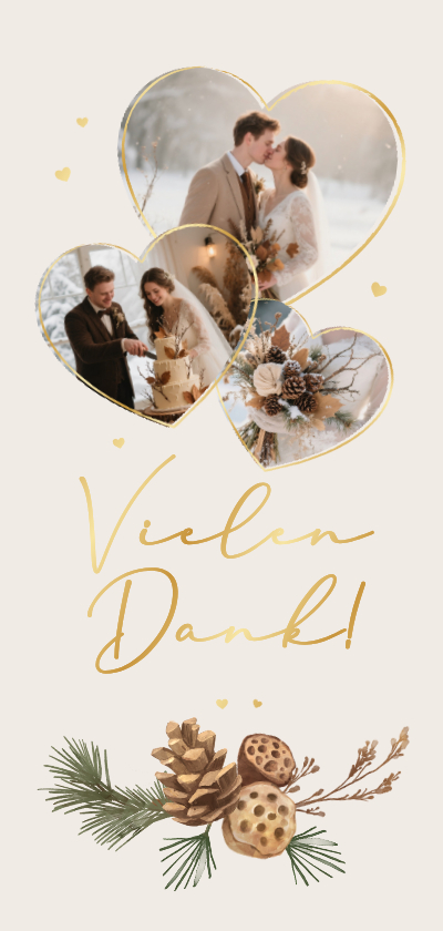 Dankeskarte Winterhochzeit Fotocollage Herzen Tannenzweige - Hochzeitskarten Hochzeitskarten - Dankeskarte Winterhochzeit Fotocollage Herzen Tannenzweige