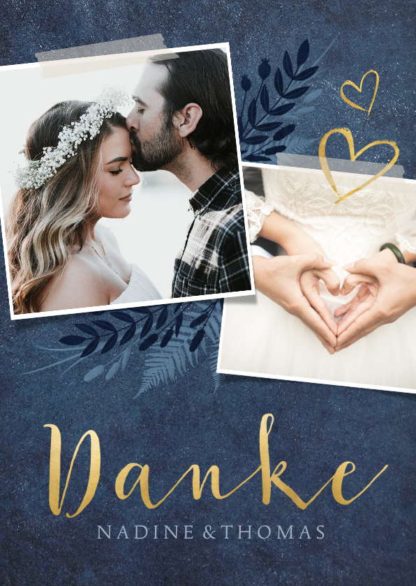 Dankeskarte zur Hochzeit dunkelblau Pflanzen & Foto - Hochzeitskarten Hochzeitskarten - Dankeskarte zur Hochzeit dunkelblau Pflanzen & Foto
