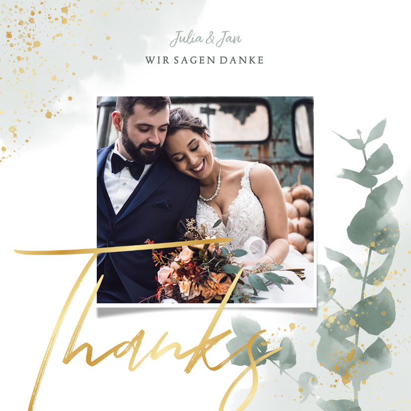 Dankeskarte zur Hochzeit Eukalyptus, Gold & Foto - Hochzeitskarten Hochzeitskarten - Dankeskarte zur Hochzeit Eukalyptus, Gold & Foto