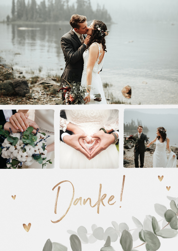 Dankeskarte zur Hochzeit Eukalyptusblatt mit Fotos