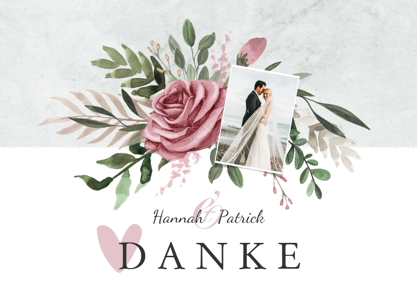 Hochzeitskarten - Dankeskarte zur Hochzeit Foto, Rosen & Marmor