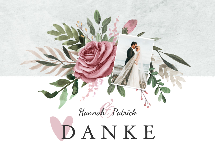 Dankeskarte zur Hochzeit Foto, Rosen & Marmor - Hochzeitskarten Hochzeitskarten - Dankeskarte zur Hochzeit Foto, Rosen & Marmor