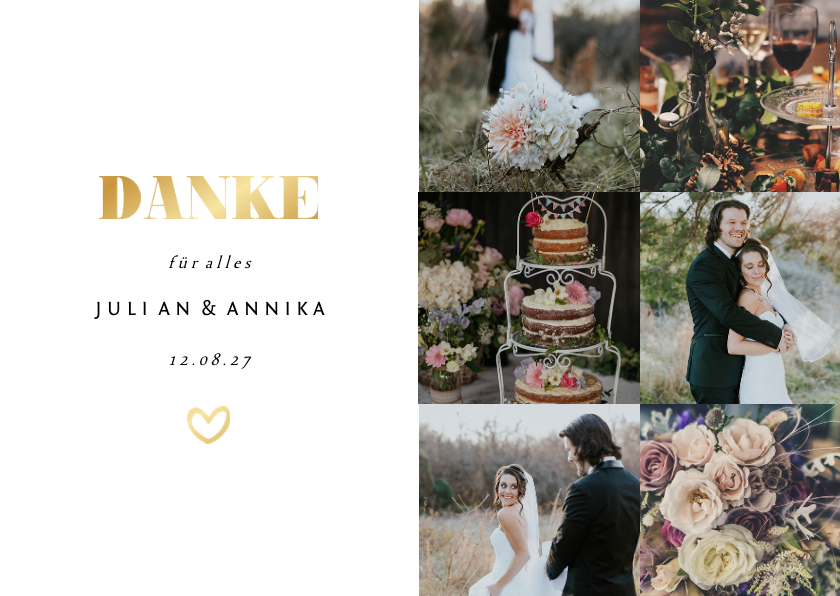Dankeskarte zur Hochzeit Goldakzente Fotos A6 Dankeskarte zur Hochzeit Goldakzente Fotos A6