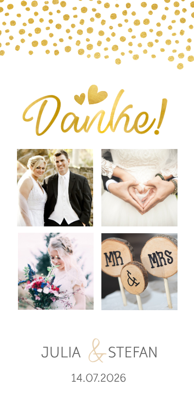 Hochzeitskarten - Dankeskarte zur Hochzeit in gold mit Fotocollage