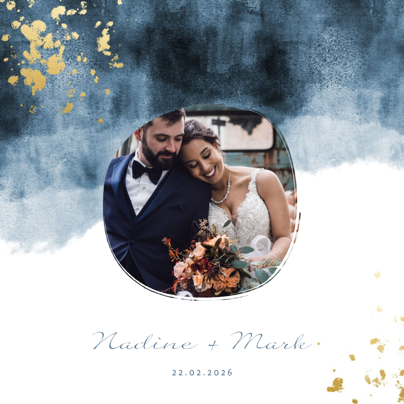 Dankeskarte zur Hochzeit mit Foto im blauen Aquarelldesign - Hochzeitskarten Hochzeitskarten - Dankeskarte zur Hochzeit mit Foto im blauen Aquarelldesign
