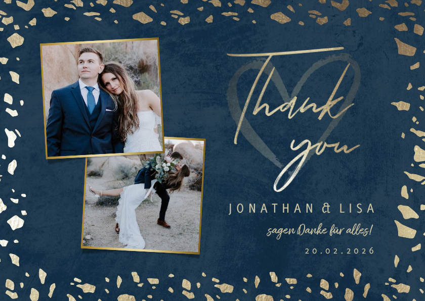 Hochzeitskarten - Dankeskarte zur Hochzeit mit Foto in dunkelblau mit Gold