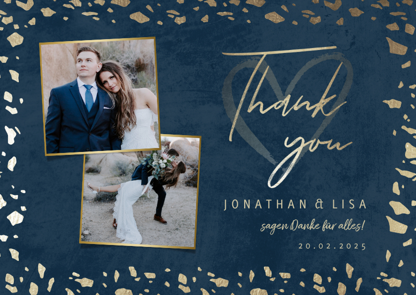 Hochzeitskarten - Dankeskarte zur Hochzeit mit Foto in dunkelblau mit Gold