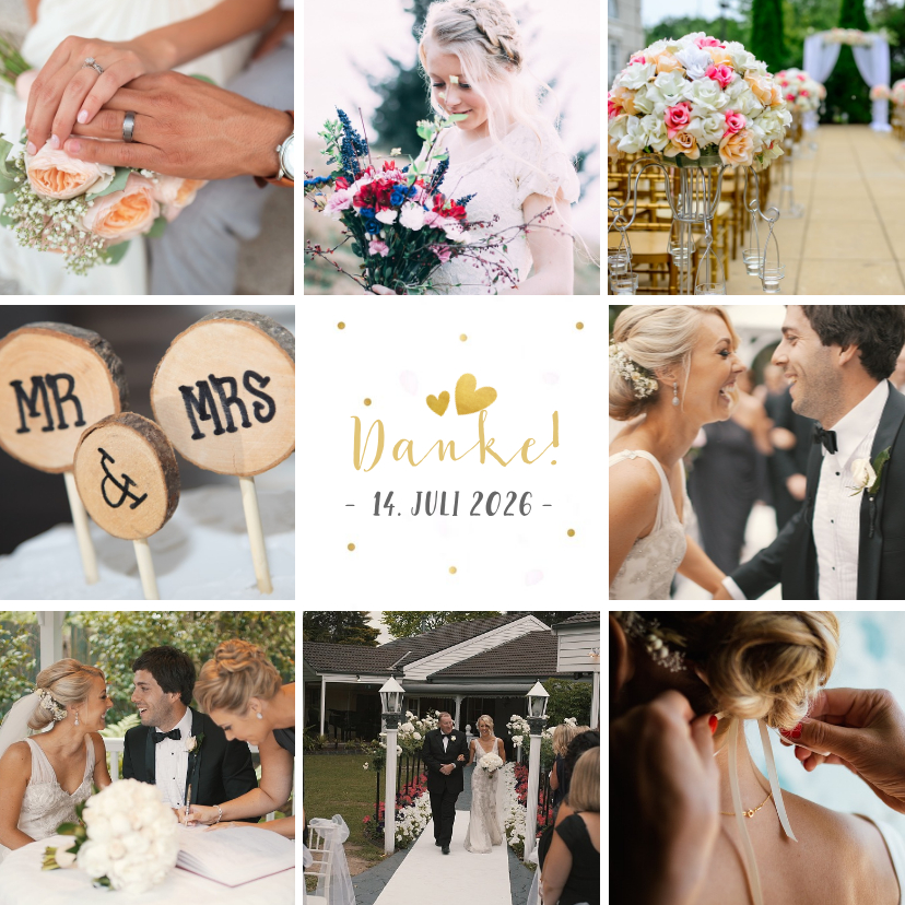 Dankeskarte zur Hochzeit mit Fotocollage und Herzen - Hochzeitskarten Hochzeitskarten - Dankeskarte zur Hochzeit mit Fotocollage und Herzen