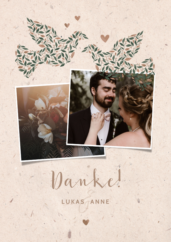 Hochzeitskarten - Dankeskarte zur Hochzeit mit Fotos & Tauben natürlicher Look