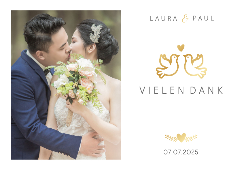 Dankeskarte zur Hochzeit mit goldenen Tauben und Herz Dankeskarte zur Hochzeit mit goldenen Tauben und Herz