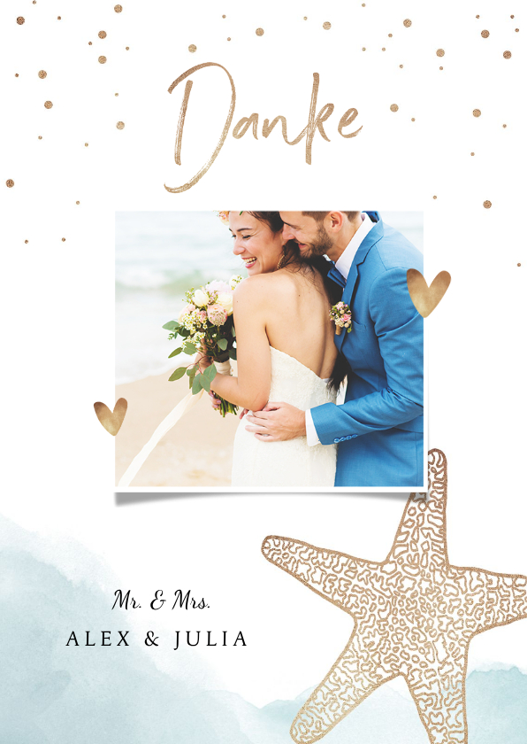 Dankeskarte zur Hochzeit Strandfeeling mit Foto - Hochzeitskarten Hochzeitskarten - Dankeskarte zur Hochzeit Strandfeeling mit Foto