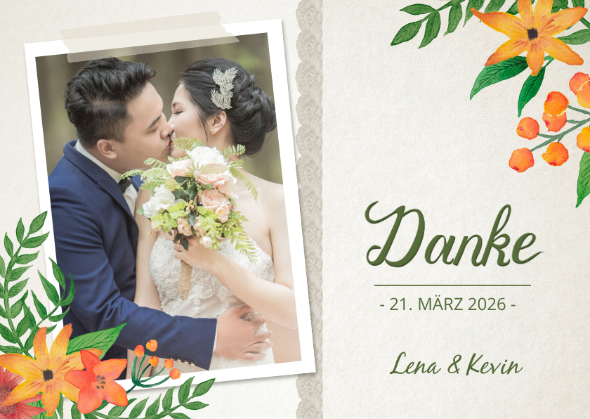 Hochzeitskarten - Dankeskarte zur Hochzeit Vintage Blumen mit Foto