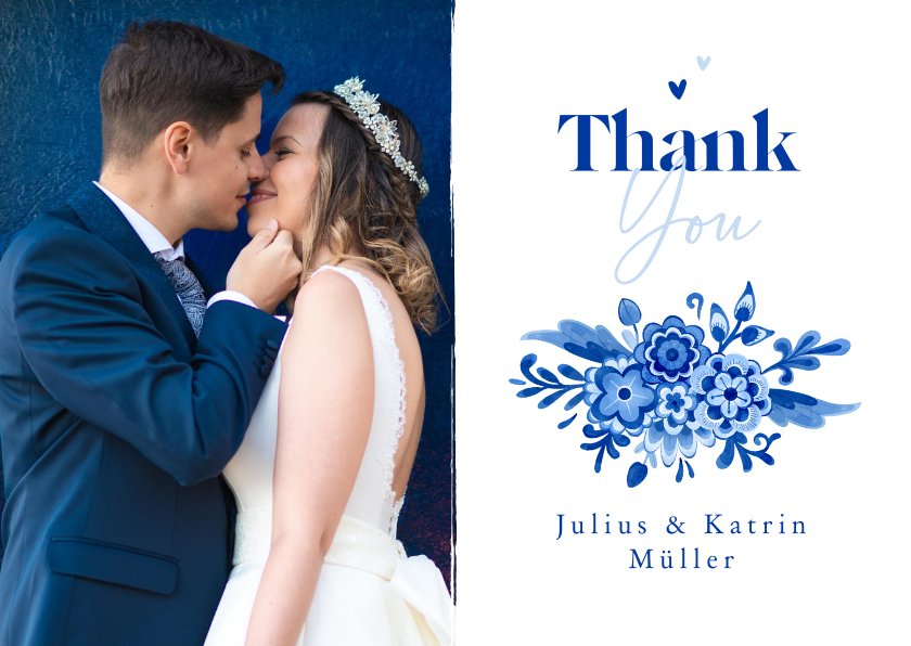 Danksagung Hochzeit Delfter Blau Foto & Blumendekor - Hochzeitskarten Hochzeitskarten - Danksagung Hochzeit Delfter Blau Foto & Blumendekor