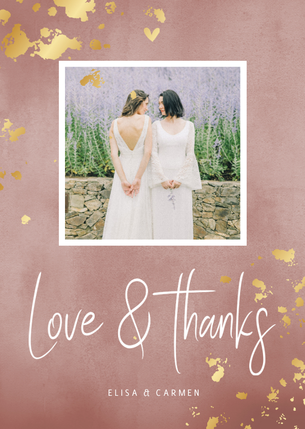 Hochzeitskarten - Danksagung Hochzeit 'Love & Thanks' Foto & Goldtupfen