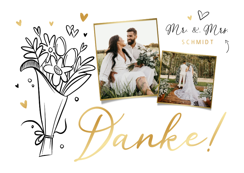 Hochzeitskarten - Danksagungskarte Hochzeit Fotos & Doodles Goldelemente