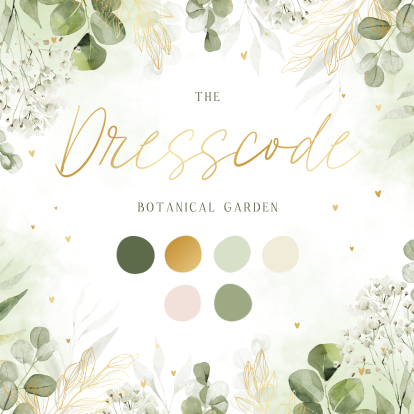 Hochzeitskarten - Dresscodekarte Botanical Garden grün gold Hochzeit Farben