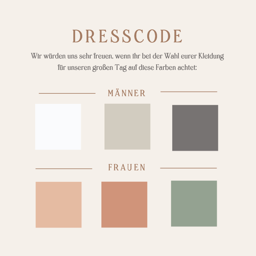 Dresscodekarte natürliche Farben Kleidervorschrift Hochzeit - Hochzeitskarten Hochzeitskarten - Dresscodekarte natürliche Farben Kleidervorschrift Hochzeit