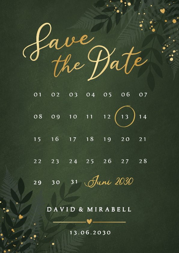 Dunkelgrün Savet he Date Botanisch Goldkleckse - Hochzeitskarten Hochzeitskarten - Dunkelgrün Savet he Date Botanisch Goldkleckse