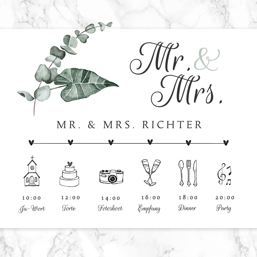 Einaldung Hochzeit Timeline Marmor & Botanik - Hochzeitskarten Hochzeitskarten - Einaldung Hochzeit Timeline Marmor & Botanik
