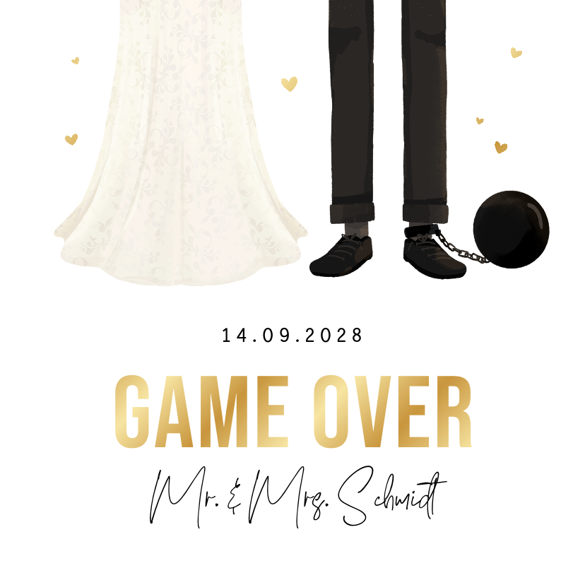 Hochzeitskarten - Einladung Hochzeit Fußfessel 'Game over' mit Gold