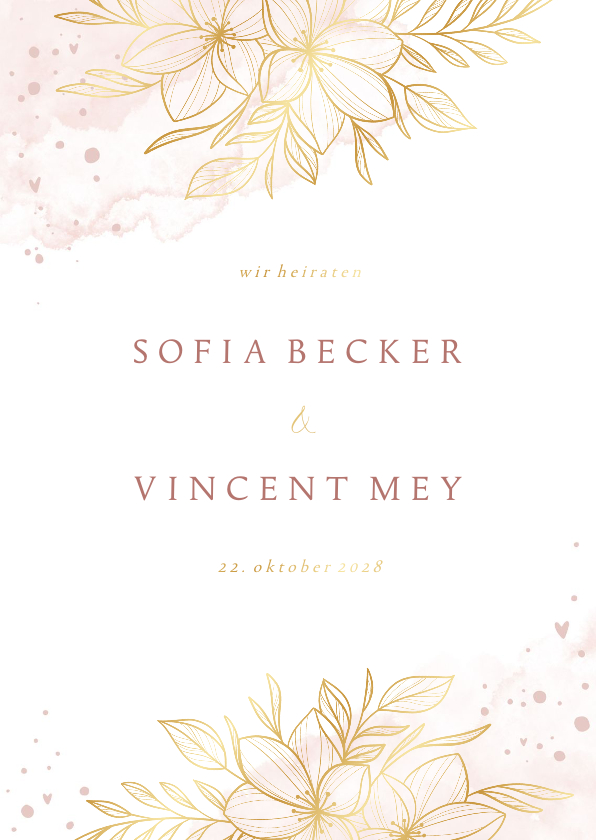 Hochzeitskarten - Einladung Hochzeit Goldblumen auf Aquarell